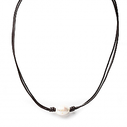 Necklace - Antika - 1 Pearl and Leather