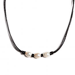 Necklace - Antika - 3 Pearl and Leather